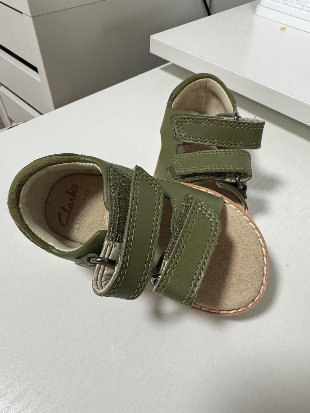 Clarks Kids Olive Green Double-Strap Leather Sandals